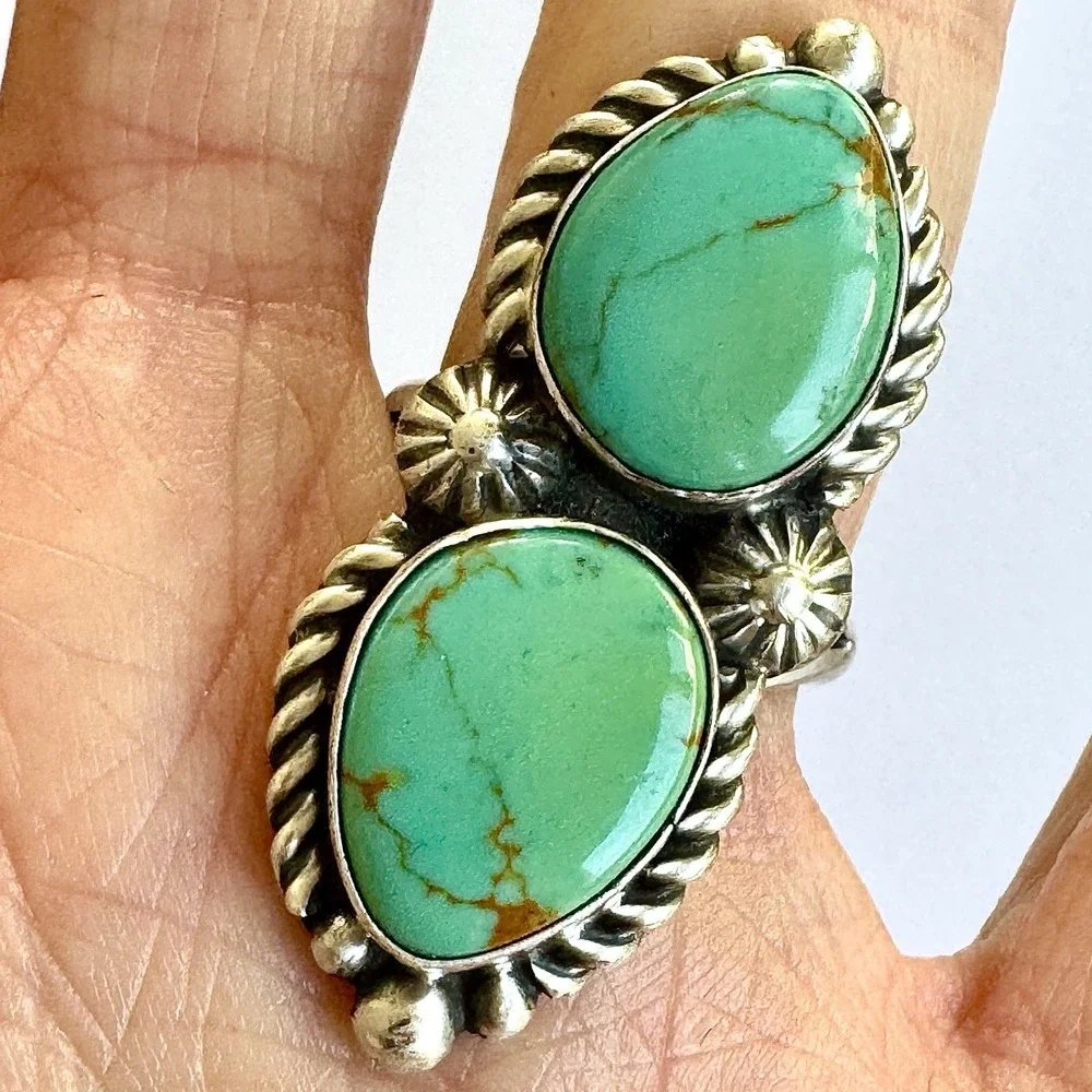 Navajo Turquoise Ring Two Stone Size 7 Signed Shakey Long Sterling